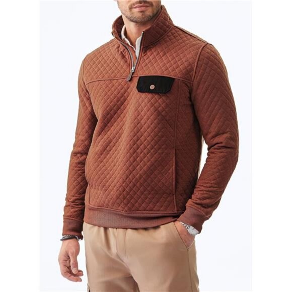 Men's Quilted Sweatshirt Long Sleeve Outdoor Stand Collar Quarter-Zip Pullover - Picture 5 of 7